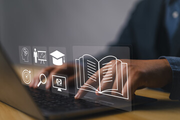 Leinwandbilder - E-learning education, internet lessons and online webinar. Person who attends online lessons on a digital screen.Education internet Technology.
