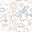 Safari animals cute illustration in doodl style. Outline hand drawn print. African leopard, giraffe, elephant, lion, zebra and wild animals - character. Seamless pattern