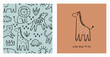 Safari animals cute illustration in doodl style. Outline hand drawn print. African leopard, giraffe, elephant, lion, zebra and wild animals - character. Seamless pattern