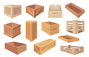 Wooden boxes. Cartoon wooden crates and packages, closed and open wooden boxes with different content, timber packaging for cargo. Vector set of box wooden container illustration