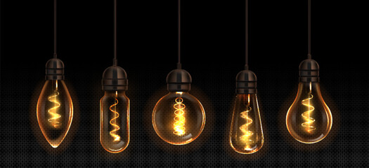 vintage light bulbs set isolated on transparent background. vector realistic illustration of electri