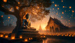 A Buddha statue seated under a Bodhi tree, enhanced by the warm glow of twilight. numerous floating lanterns drift gently into the sky, casting a magical glow and adding a sense of celebration and hop