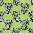 Seamless pattern with cute koala on a green background with leaves.