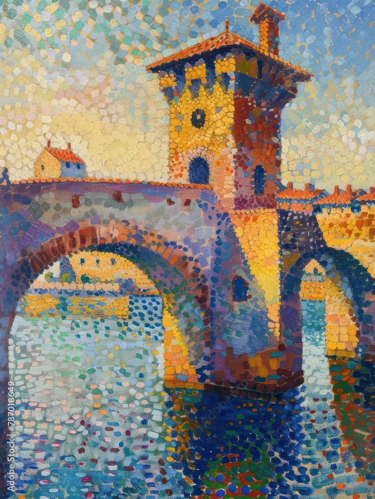 This appealing image features a picturesque scene of an arched bridge ...