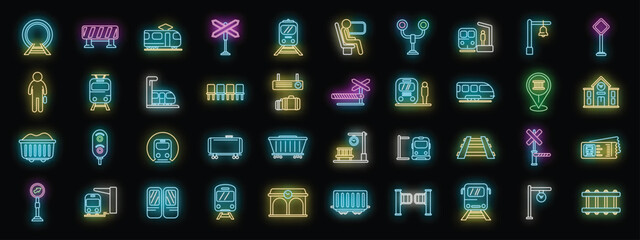 Sticker - Railway platform icons set outline vector. Locomotive subway. Barrier chopper neon color on black