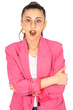Incredible news reaction, portrait of attractive amazed woman incredible news reaction. Beautiful shocked open mouth caucasian brunette girl wear glasses, formal pink jacket. Isolated transparent png.