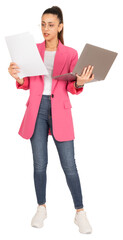 Wall Mural - Focused businesswoman, full body length brunette caucasian focused businesswoman. Holding papers and laptop. Female executive analyzing paperwork using computer. Pink jacket, jeans and sneakers.