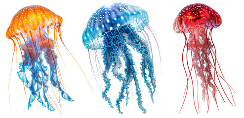 Wall Mural - Colourful jellyfish bundle (orange, blue and red), isolated on a white background