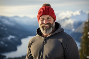 Wall Mural - Portrait of a happy man in his 40s donning a warm wool beanie in panoramic mountain vista