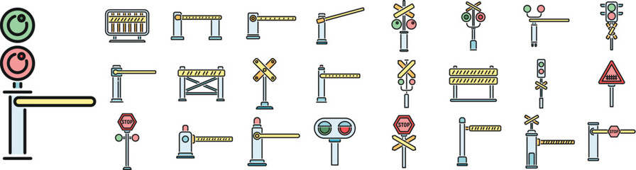 Poster - Railroad barrier icons set outline vector. Crossing railway. Sign barrier thin line color flat on white