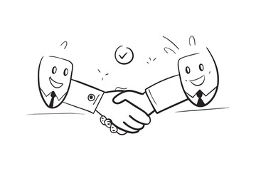 Wall Mural - Best dealing Business people shaking hands, Doodle line art illustration on white background