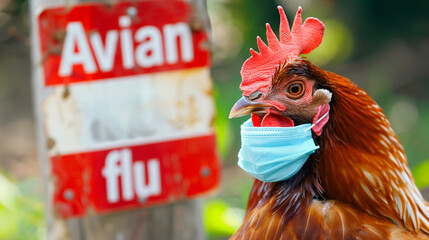 Wall Mural - chickens wearing a blue pandemic face mask, avian flu, concept