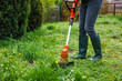 Woman cutting grass at backyard. Electric grass trimmer. Lawn care and spring gardening