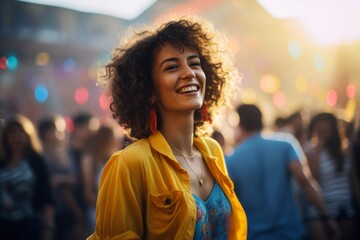 Wall Mural - Portrait of a grinning woman in her 30s wearing a simple cotton shirt while standing against vibrant festival crowd