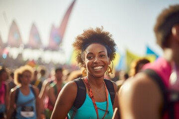 Wall Mural - Portrait of a grinning afro-american woman in her 20s wearing a lightweight running vest in vibrant festival crowd