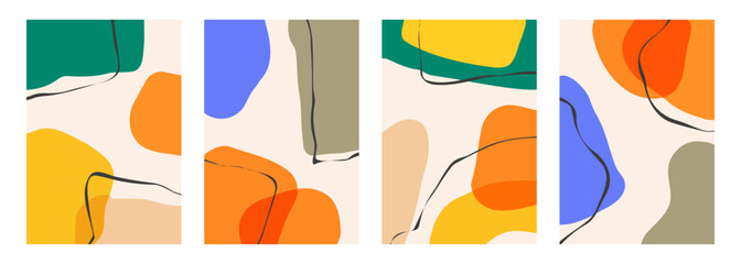 Fototapete - Set of abstract backgrounds with various hand drawn dynamic shapes and black curved lines for creative graphic design. Vector illustration.