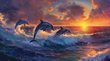 Three Dolphins Leaping In The Sunset Sky Over The Water