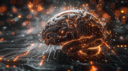 Fototapete - Black background, The smallest contour of the Circuit board brain dissolving and disappearing in particles and sky. Generative AI.