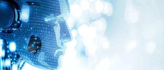 Wall Mural - digital human concept: a binary-coded cybernetic face with technological elements and bokeh
