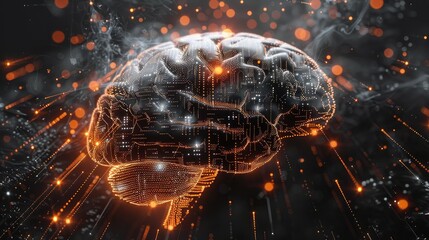 Fototapete - Black background, The smallest contour of the Circuit board brain dissolving and disappearing in particles and sky. Generative AI.
