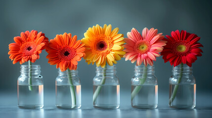 Wall Mural - bright multi-colored gerberas in glass vessels
