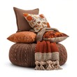 Warm living room setup with textured pillows and throws in autumn colors. Perfect for home design and seasonal lifestyle. White background