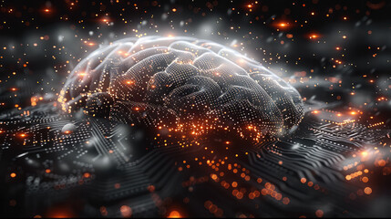 Fototapete - Black background, The smallest contour of the Circuit board brain dissolving and disappearing in particles and sky. Generative AI.