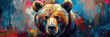 The deep gaze of a bear surrounded by contrasting paint splashes representing intuition and wisdom