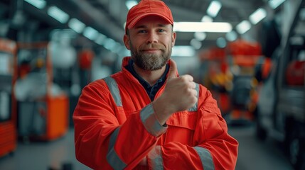Poster - Portrait of an automobile mechanic in red overalls is thumbs up. Generative AI.