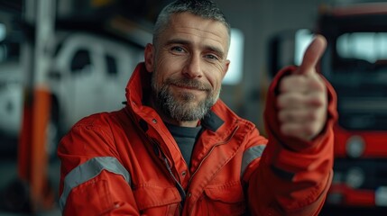 Poster - Portrait of an automobile mechanic in red overalls is thumbs up. Generative AI.