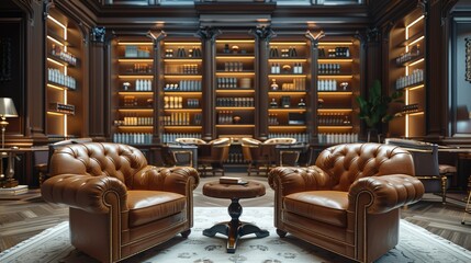 Wall Mural - A contemporary, sophisticated cigar lounge in an exclusive members club. Classic. Generative AI.