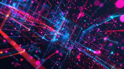 Wall Mural - Generative AI abstract illustration of geometric shapes and structures in colorful neon colors and lights in cyberspace against dark background