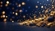 abstract background with gold and dark blue particles. Christmas Golden light particles bokeh against a background of navy blue. Texture of gold foil. Vacation idea