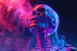 Image of a human skull and neck on a dark background with smoke and neon light. Generative AI