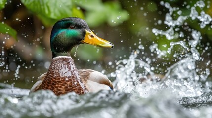 Sticker - Male mallard duck bathing and splashing in the river