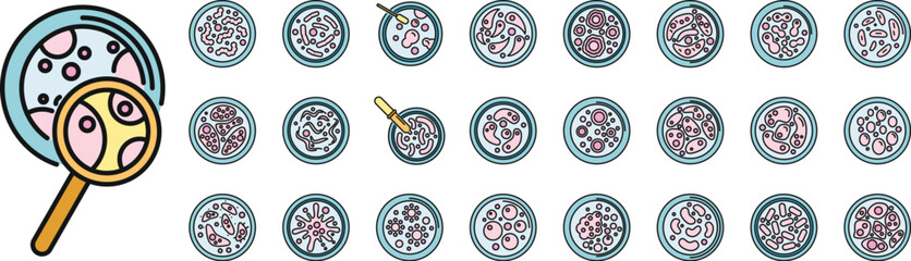 Sticker - Petri dish icons set outline vector. Bacteria experiment. Dish culture thin line color flat on white