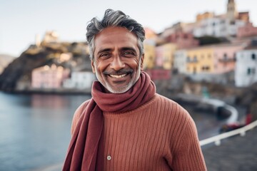 Wall Mural - Portrait of a cheerful indian man in his 50s wearing a classic turtleneck sweater on picturesque seaside village
