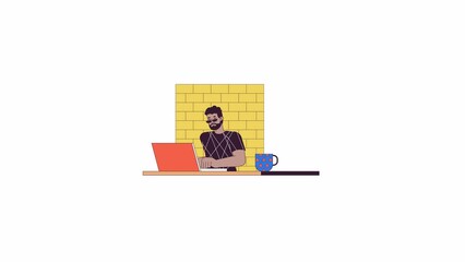 Black web designer working on laptop line 2D character animation. Software development flat color cartoon 4K video, alpha channel. Male developer at workplace animated person on white background