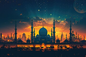 Wall Mural - ied al adha decoration and islamic watercolour  greeting card background with a mosque landscape