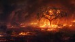 Apocalyptic vision of a lone tree engulfed in flames during a wildfire, representing disaster, climate change, and environmental devastation
