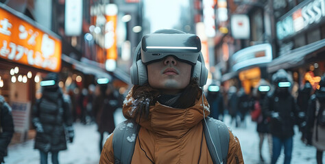 Poster - Future, people's where everyone walk around with headset on not talking to each other as they are walking down the street. Generative AI.