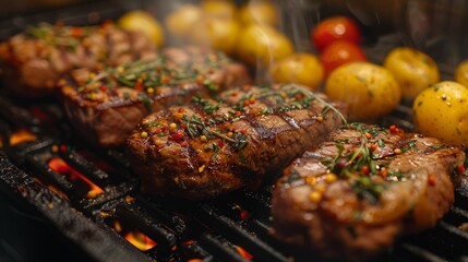 Wall Mural - Tasty steaks with potatoes and rosemary, closeup. Grilled beef steaks with potatoes