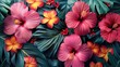 Tropical flower, motifs, pink background. Generative AI.