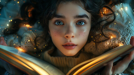 Wall Mural - portrait of a child reading a book. A person holding an open book, their gaze captivated by the words on the page as they embark on a literary journey. - spirit of adventure and discovery found.