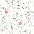 Floral seamless pattern with abstract green plants and small flowers, delicate isolated watercolor illustration for textile or wallpaper, background or cover, hand drawn print with design elements.
