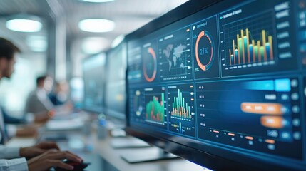 Aufkleber - Close-up view of dashboard screen during a meeting, displaying interactive charts and HR analytics. Generative AI.