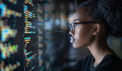 Black woman, analysis and screen for information technology in database, coding and cybersecurity. African person, analyst and engineering for research, programming and software in web development