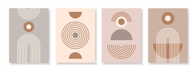 Set of abstract poster with zen geometric line arches and circle shapes composition. Linear outline retro paterns. Minimal boho simple vector illustration with editable stroke figures