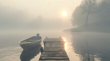 Step Into The Enchanting Beauty Of A Foggy Early Sunset Over A Serene Pier With Two Boats Gently Resting On A Tranquil Lake. 