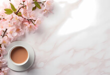 AI Generated Illustration Of Cherry Blossom Branch Beside A Cup Of Coffee On A Wooden Table